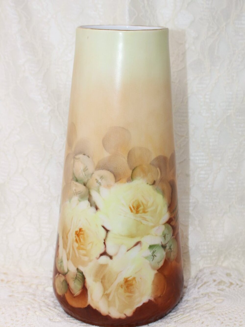 Signed Late 1800's-1900's CT Altwasser Soft Brown Floral 11" x 5" Vase Gold Rim